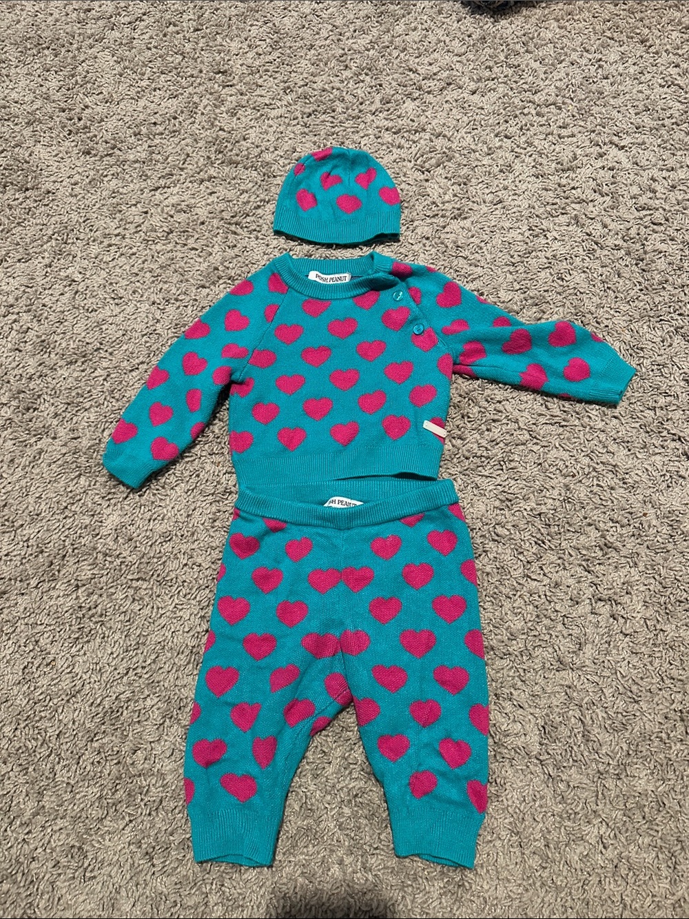 Posh Peanut Turquoise & Pink Heart Knit Baby Set with Hat